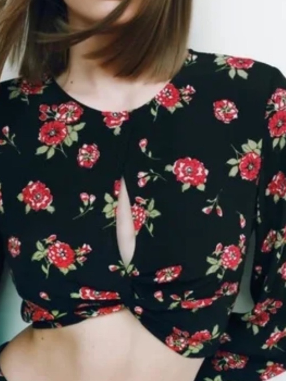 Zara Black Floral Keyhole Twist-Front Crop Top New